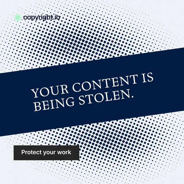 Instagram post for copyright.io: "Your content is being stolen." Split block style, diagonal layout, light palette in blue, white, grey.