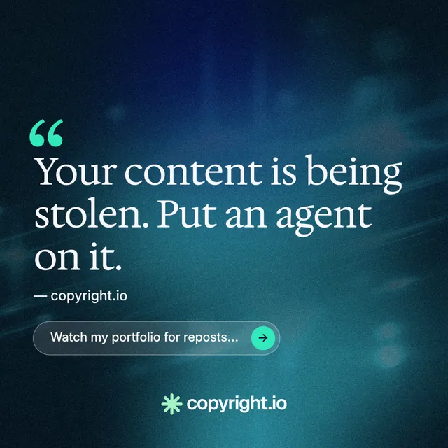 Instagram post for copyright.io: "Reposts don't remove themselves." Agentic glass style, quote layout, dark palette in blue, black, teal.