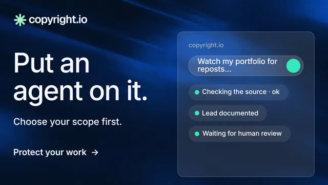 Landscape graphic for copyright.io: "Put an agent on it." Minimal luxury style, bottom layout, dark palette in blue, black.
