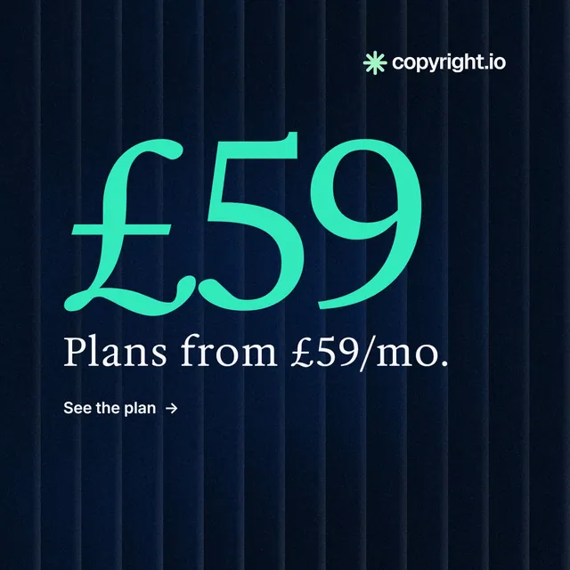 Instagram post for copyright.io: "See the plan first." Minimal luxury style, stat layout, dark palette in black, teal.