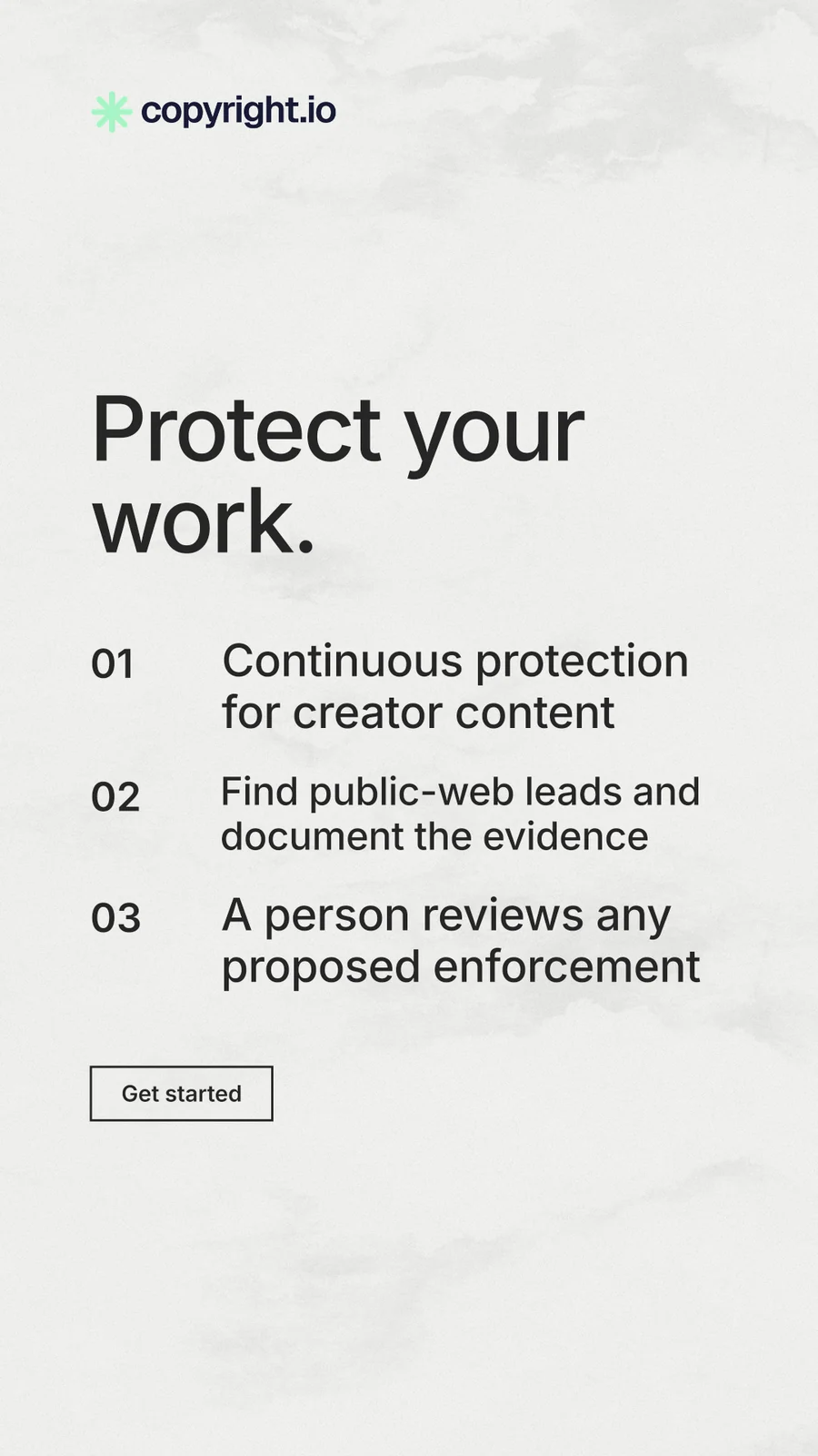 Instagram story for copyright.io: "Protect your work." Editorial style, numbered layout, light palette in white, grey.