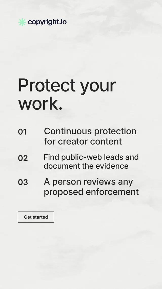 Instagram story for copyright.io: "Protect your work." Editorial style, numbered layout, light palette in white, grey.