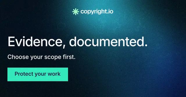 Social ad for copyright.io: "Evidence, documented." Swiss style, skeleton layout, dark palette in black, blue, teal.