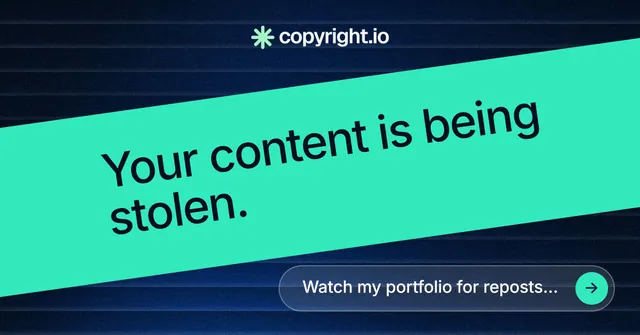 Social ad for copyright.io: "Your content is being stolen." Agentic glass style, diagonal layout, dark palette in teal, black, blue.
