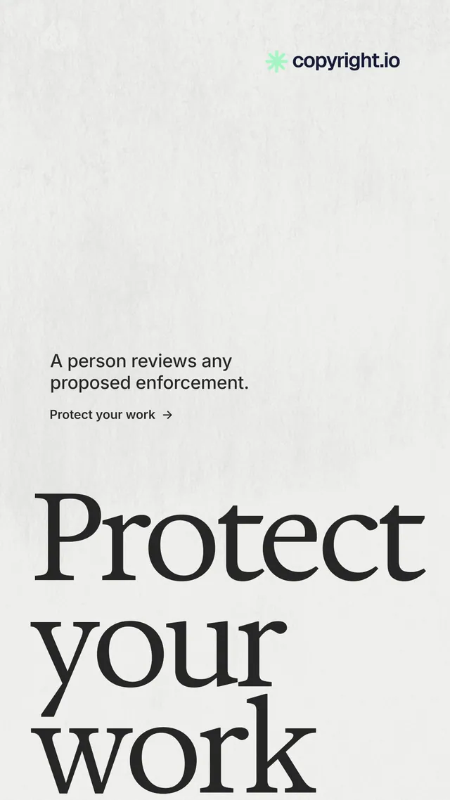 Instagram story for copyright.io: "Continuous protection for creators." Minimal luxury style, oversized layout, light palette in white, grey.