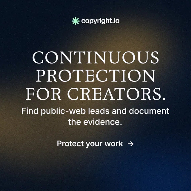Instagram post for copyright.io: "Continuous protection for creators." Minimal luxury style, skeleton layout, dark palette in black, blue, grey.