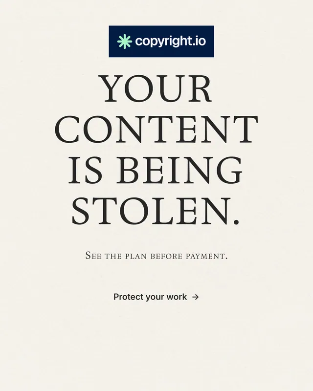 Instagram portrait post for copyright.io: "Your content is being stolen." Minimal luxury style, smallcaps layout, light palette in white, grey.