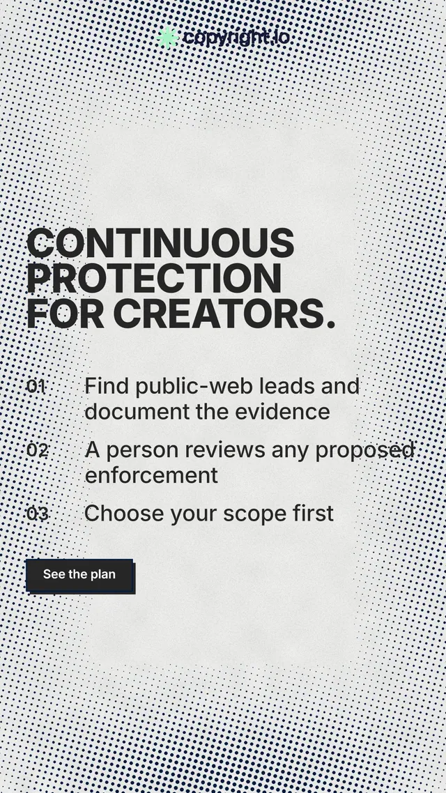 Instagram story for copyright.io: "Continuous protection for creators." Brutalist style, numbered layout, light palette in white, grey.