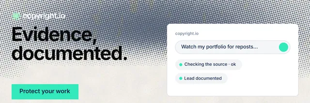 X header for copyright.io: "Evidence, documented." Swiss style, bottom layout, light palette in grey, white, green.