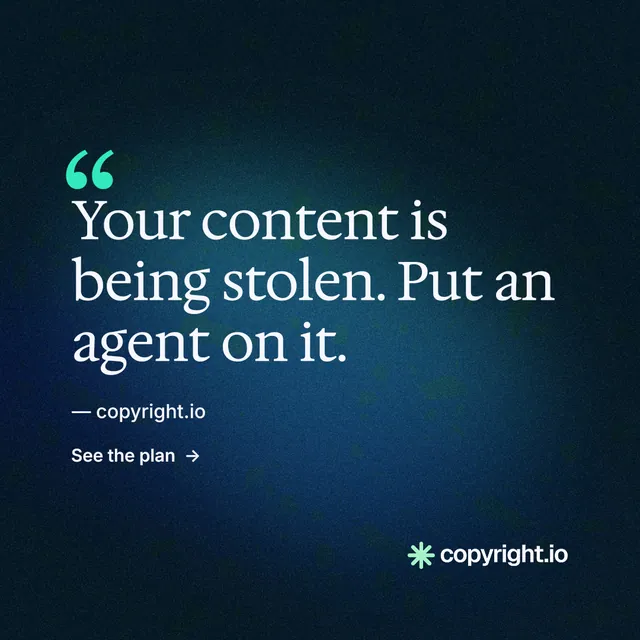 Instagram post for copyright.io: "Put an agent on it." Minimal luxury style, quote layout, dark palette in blue, black.