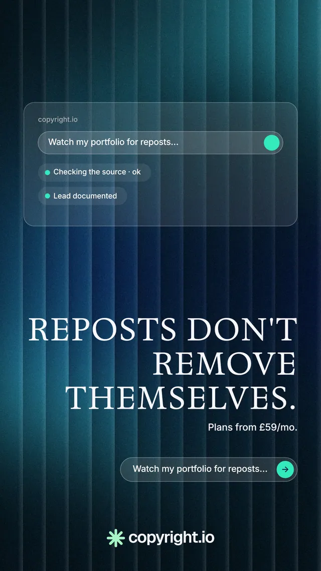Instagram story for copyright.io: "Reposts don't remove themselves." Agentic glass style, right layout, dark palette in black, blue.
