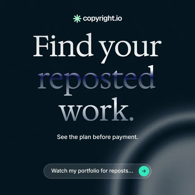 Instagram post for copyright.io: "Find your reposted work." Agentic glass style, centred layout, dark palette in black, grey, blue.