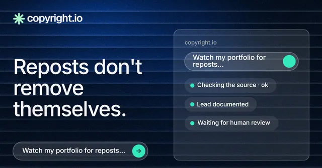 Social ad for copyright.io: "Reposts don't remove themselves." Agentic glass style, bottom layout, dark palette in black, blue, grey.