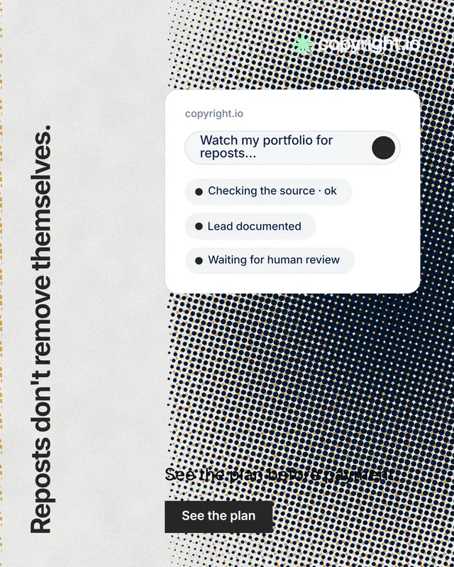 Instagram portrait post for copyright.io: "Reposts don't remove themselves." Swiss style, vertical layout, light palette in white, grey.