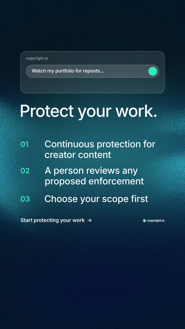 Instagram story for copyright.io: "Protect your work." Minimal luxury style, numbered layout, dark palette in blue, black, teal.