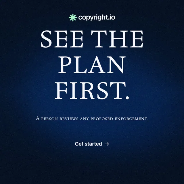 Instagram post for copyright.io: "See the plan first." Agentic glass style, smallcaps layout, dark palette in blue, black.