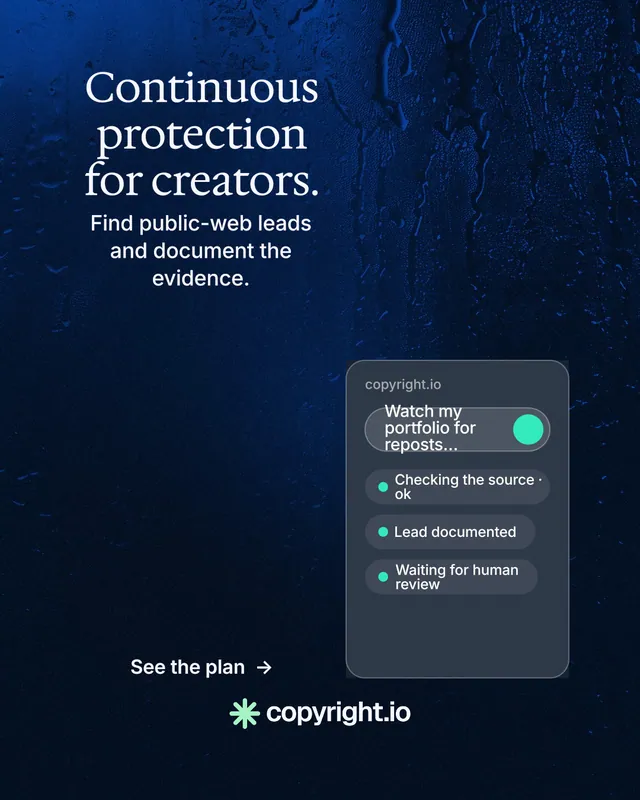Instagram portrait post for copyright.io: "Continuous protection for creators." Minimal luxury style, skeleton layout, dark palette in black, blue.