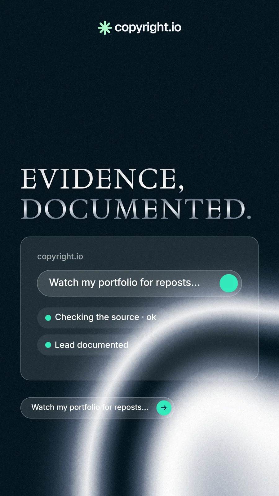Instagram story for copyright.io: "Evidence, documented." Agentic glass style, poster layout, dark palette in black, blue, grey.