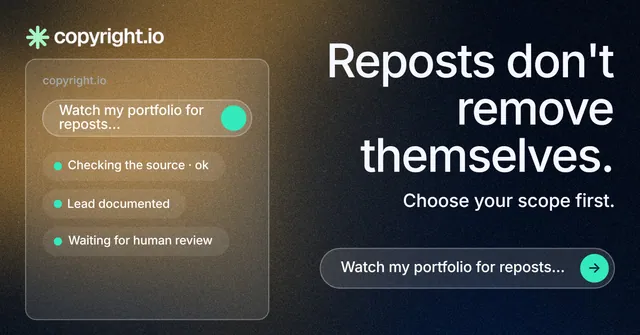 Social ad for copyright.io: "Reposts don't remove themselves." Agentic glass style, right layout, dark palette in black, orange, grey.
