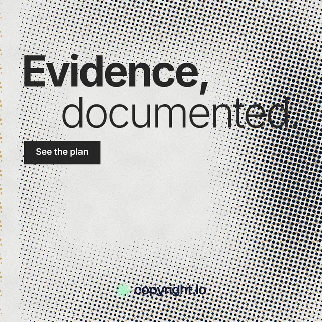 Instagram post for copyright.io: "Evidence, documented." Swiss style, stacked layout, light palette in white, grey.