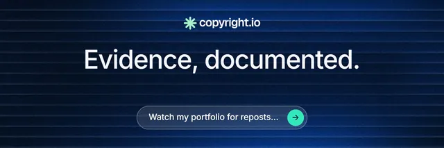X header for copyright.io: "Evidence, documented." Agentic glass style, centred layout, dark palette in black, blue.