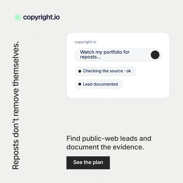 Instagram post for copyright.io: "Reposts don't remove themselves." Swiss style, vertical layout, light palette in white.
