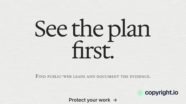 Landscape graphic for copyright.io: "See the plan first." Swiss style, smallcaps layout, light palette in white, grey.