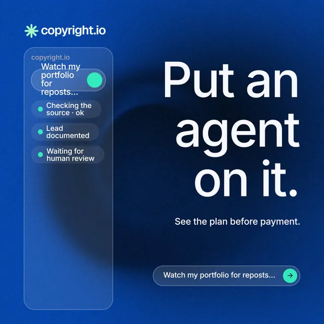Instagram post for copyright.io: "Put an agent on it." Agentic glass style, right layout, dark palette in blue.