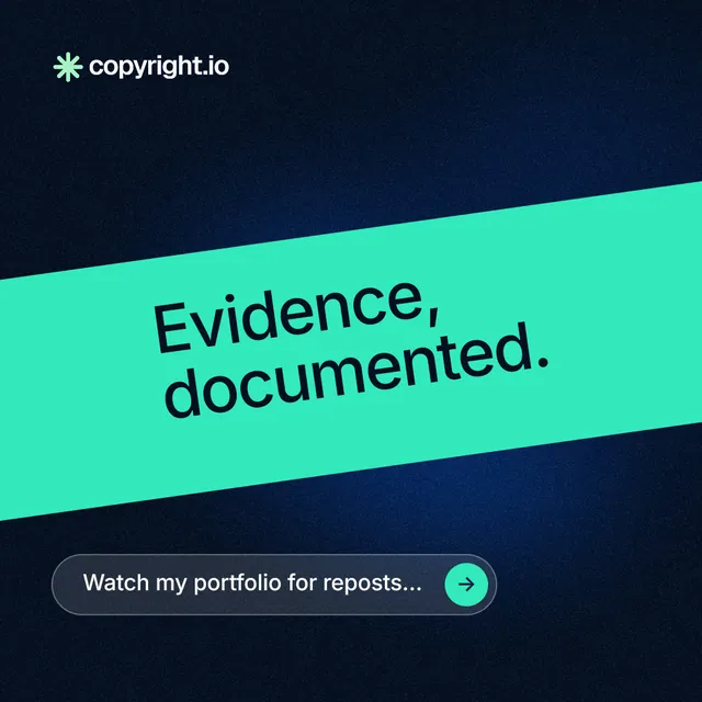 Instagram post for copyright.io: "Evidence, documented." Agentic glass style, diagonal layout, dark palette in teal, black.