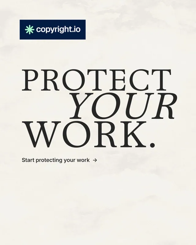 Instagram portrait post for copyright.io: "Protect your work." Minimal luxury style, stacked layout, light palette in white, grey.