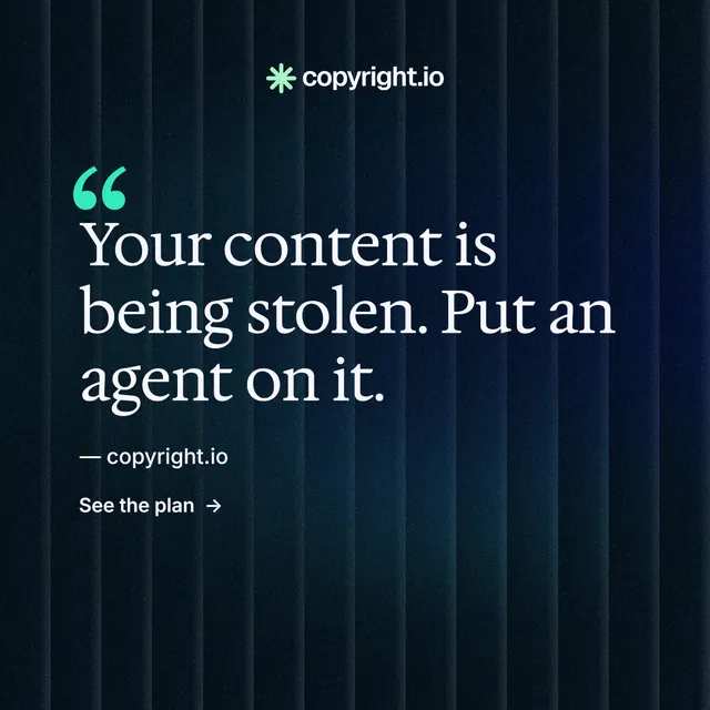 Instagram post for copyright.io: "Put an agent on it." Minimal luxury style, quote layout, dark palette in black, blue.