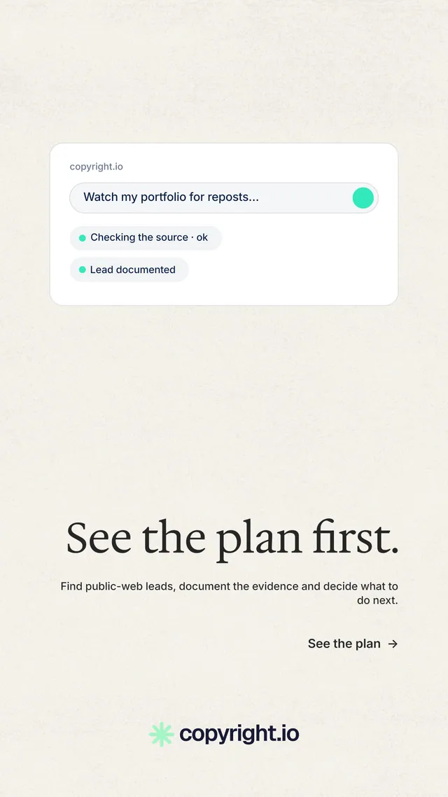 Instagram story for copyright.io: "See the plan first." Minimal luxury style, right layout, light palette in white.