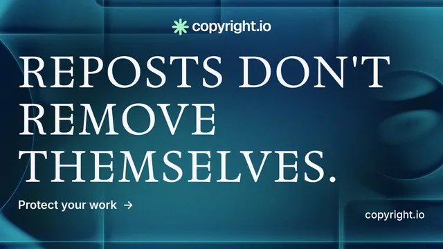 Landscape graphic for copyright.io: "Reposts don't remove themselves." Minimal luxury style, poster layout, dark palette in blue.