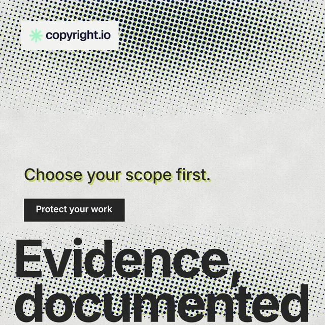Instagram post for copyright.io: "Evidence, documented." Swiss style, oversized layout, light palette in grey, white.