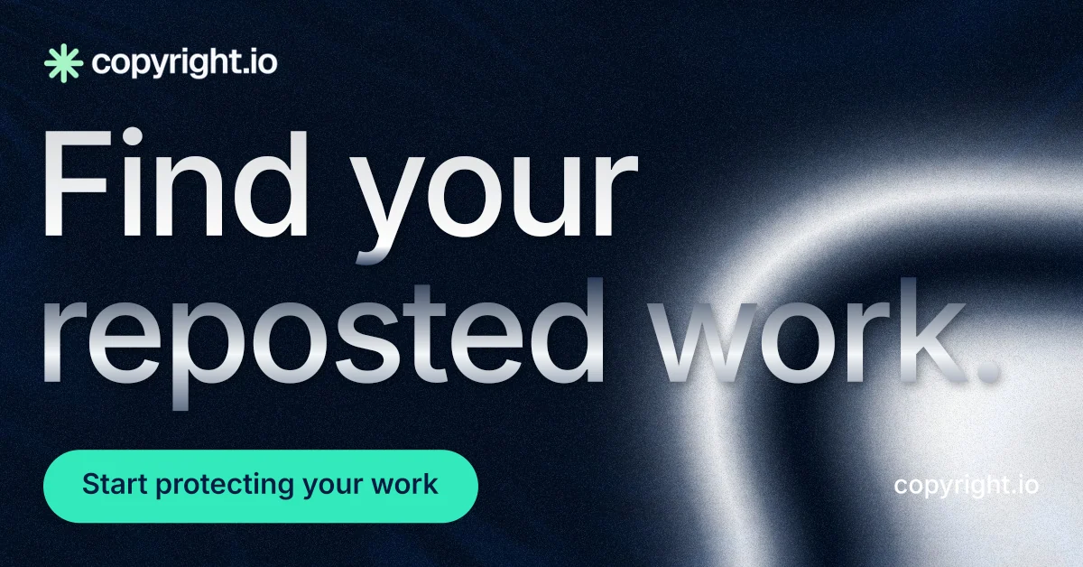 Social ad for copyright.io: "Find your reposted work." Y2K style, poster layout, dark palette in black, teal, blue.