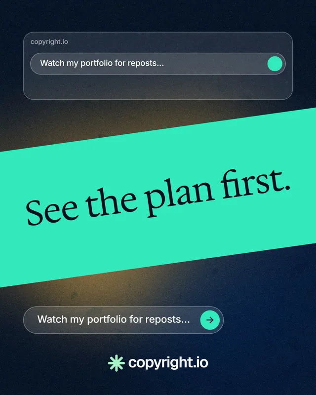 Instagram portrait post for copyright.io: "See the plan first." Agentic glass style, diagonal layout, dark palette in black, teal, blue.