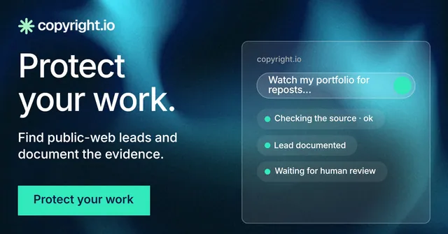 Social ad for copyright.io: "Protect your work." Swiss style, bottom layout, dark palette in black, blue, teal.