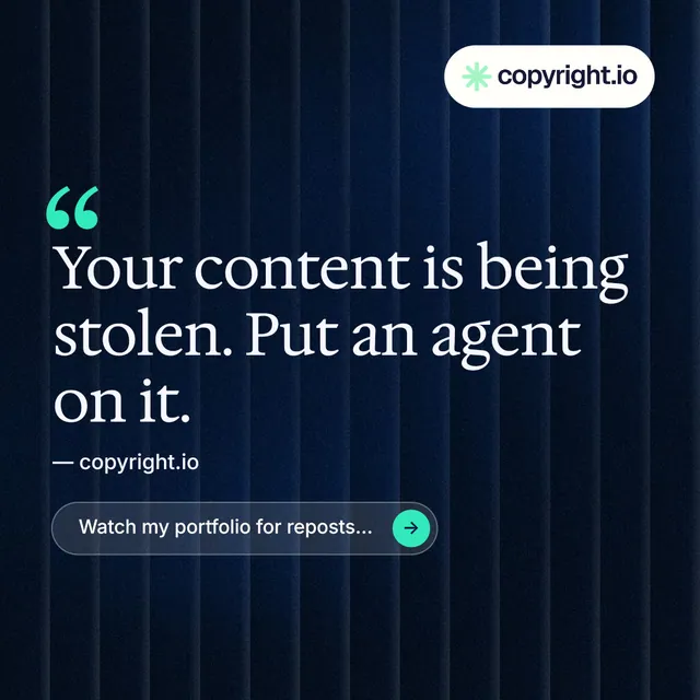 Instagram post for copyright.io: "Find your reposted work." Agentic glass style, quote layout, dark palette in black, blue, grey.