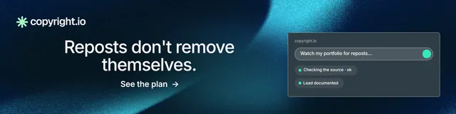 LinkedIn banner for copyright.io: "Reposts don't remove themselves." Minimal luxury style, skeleton layout, dark palette in blue, black.