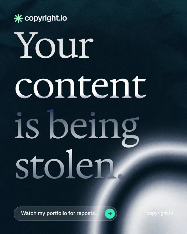 Instagram portrait post for copyright.io: "Your content is being stolen." Agentic glass style, poster layout, dark palette in black, grey, blue.
