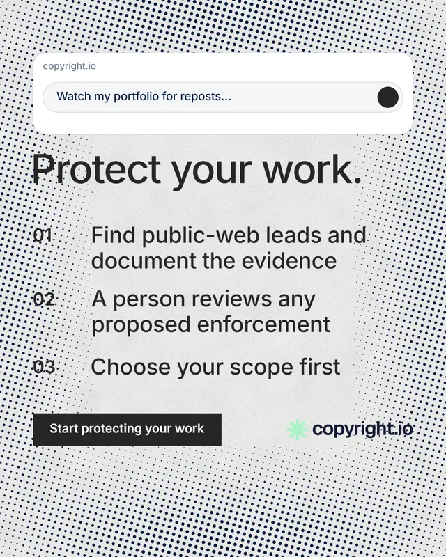 Instagram portrait post for copyright.io: "Protect your work." Swiss style, numbered layout, light palette in white, grey.