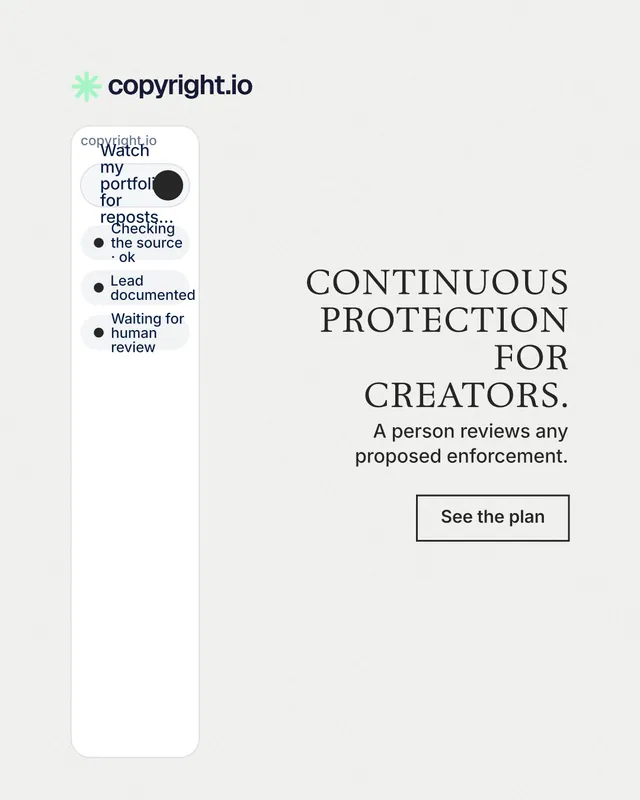 Instagram portrait post for copyright.io: "Continuous protection for creators." Editorial style, right layout, light palette in white.