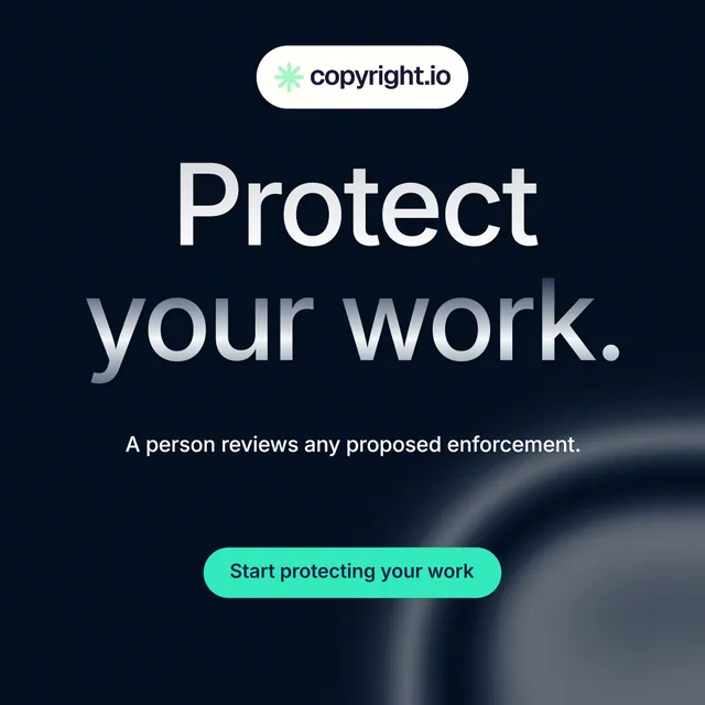 Instagram post for copyright.io: "Protect your work." Y2K style, centred layout, dark palette in black, blue.