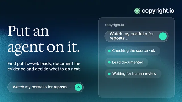 Landscape graphic for copyright.io: "Put an agent on it." Agentic glass style, bottom layout, dark palette in black, blue, teal.