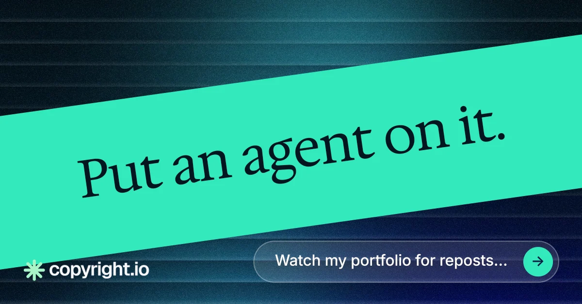 Social ad for copyright.io: "Put an agent on it." Agentic glass style, diagonal layout, light palette in teal, blue.