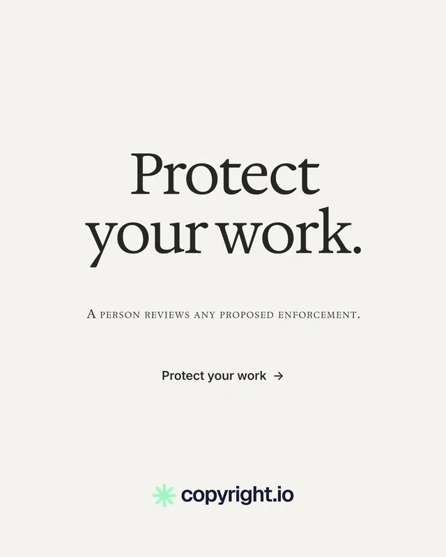 Instagram portrait post for copyright.io: "Protect your work." Minimal luxury style, smallcaps layout, light palette in white, grey.