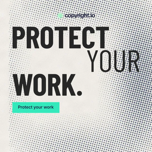 Instagram post for copyright.io: "Protect your work." Retro print style, stacked layout, light palette in grey, white.