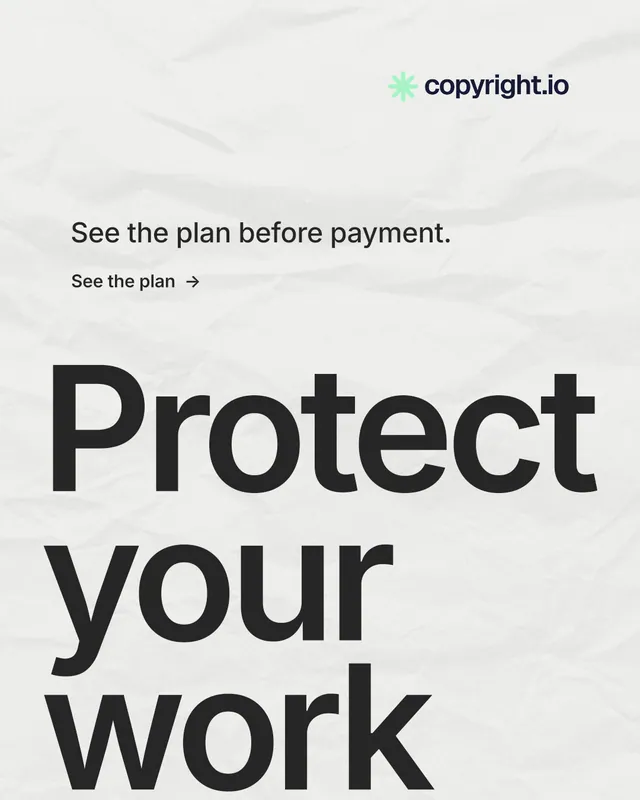Instagram portrait post for copyright.io: "Continuous protection for creators." Minimal luxury style, oversized layout, light palette in white, grey.