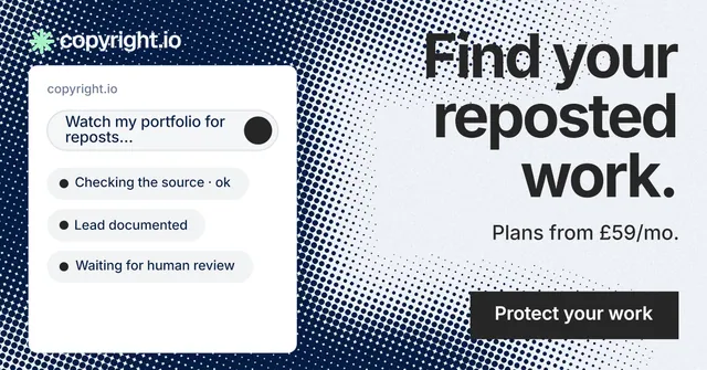Social ad for copyright.io: "Find your reposted work." Swiss style, right layout, light palette in white, blue, grey.