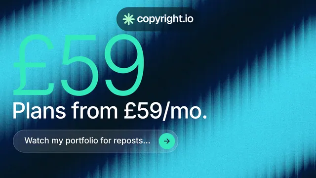 Landscape graphic for copyright.io: "Protect your work." Agentic glass style, stat layout, dark palette in black, teal, blue.